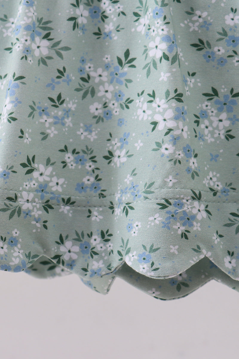 Sage floral cross embroidery ruffle bloomer set