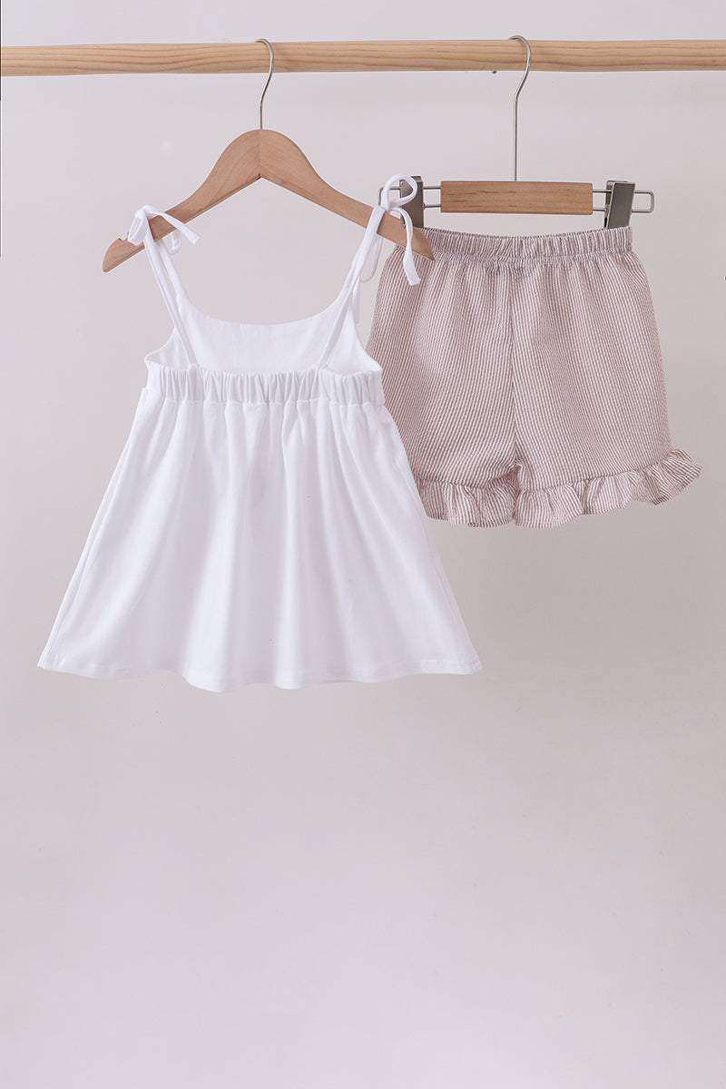 Ivory shell embroidery ruffle shorts set