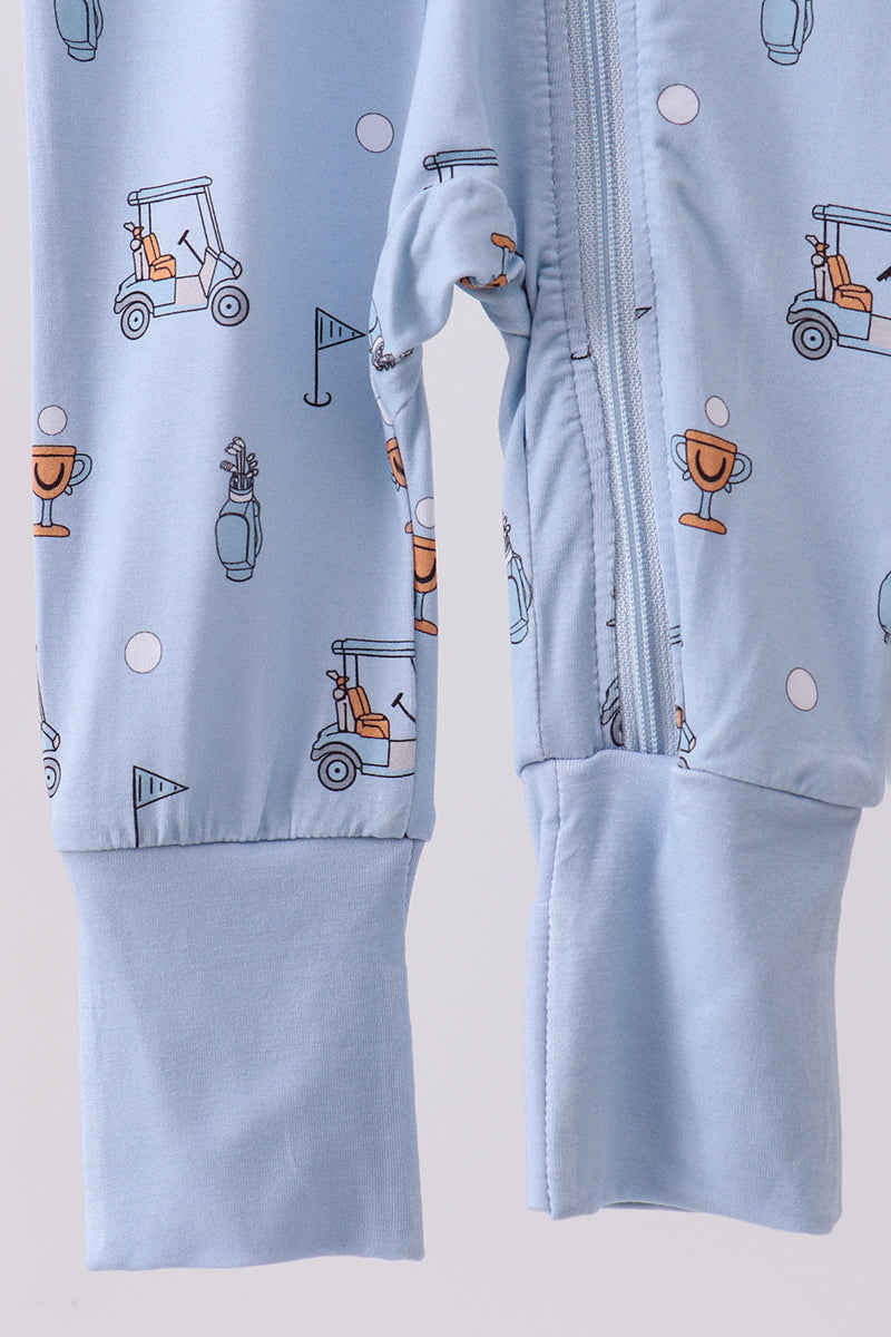 Blue gofl cart print bamboo romper