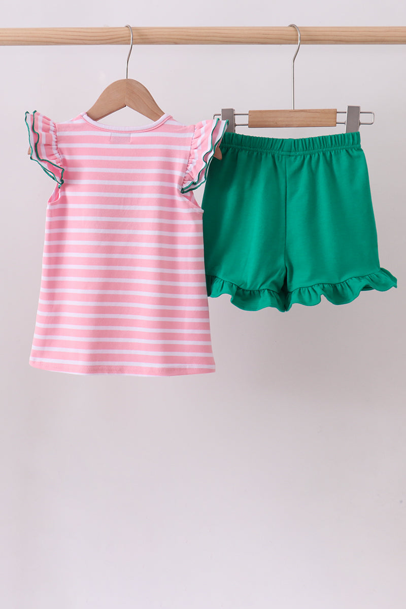 Pink golf cart applique stripe ruffle shorts set