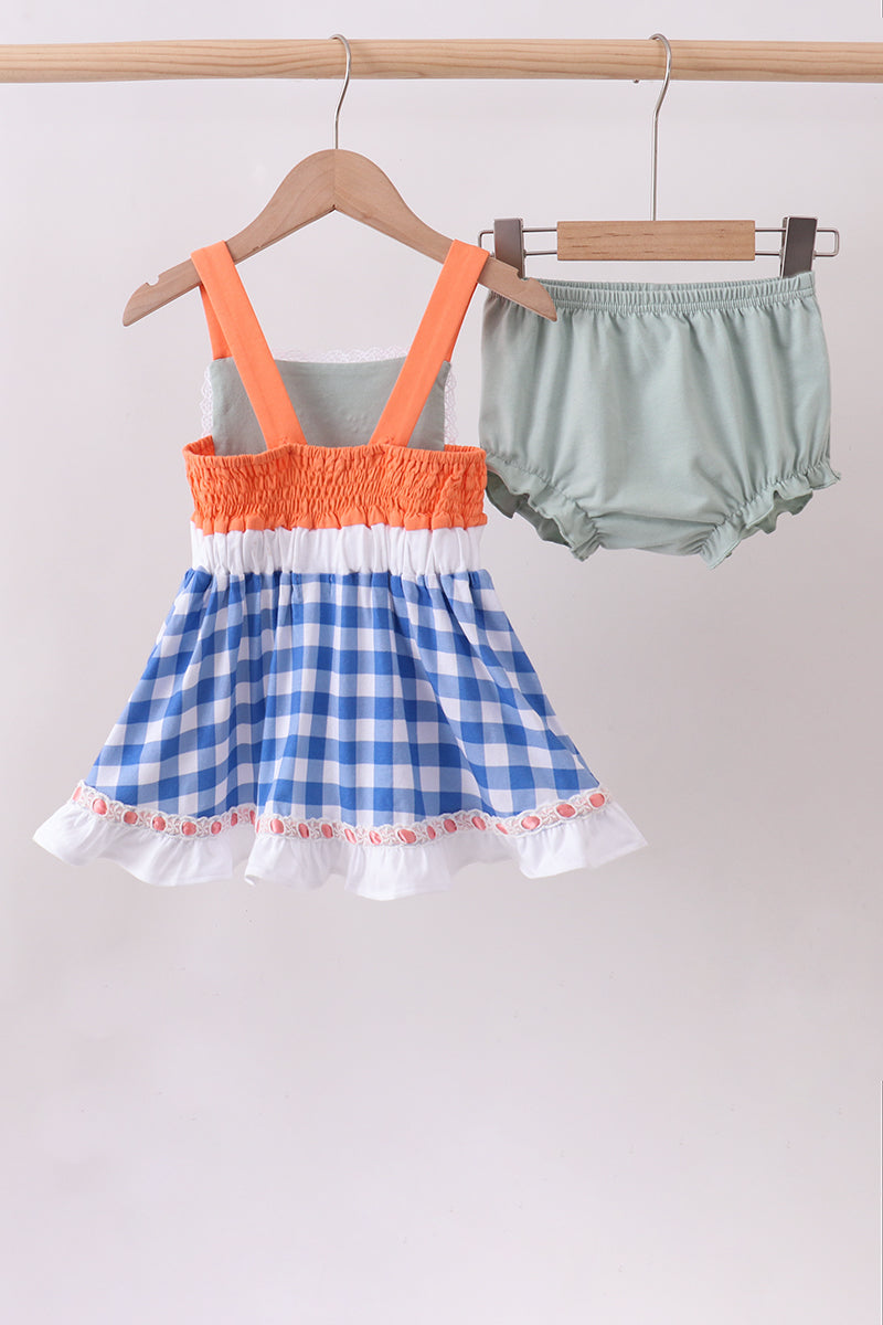 Sage strawberry embroidery ruffle gingham bloomer set