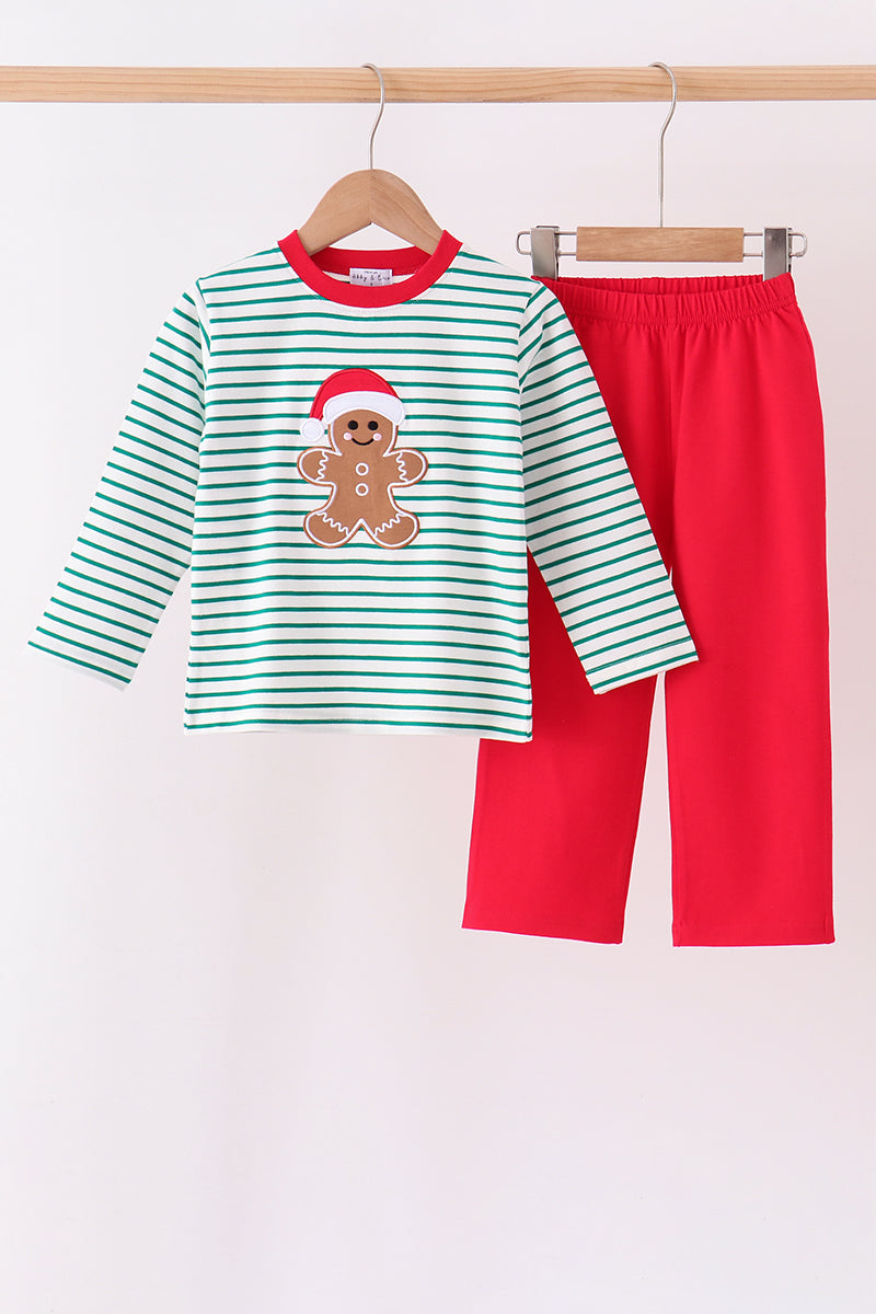 Green stripe gingerbread embroidery pants set