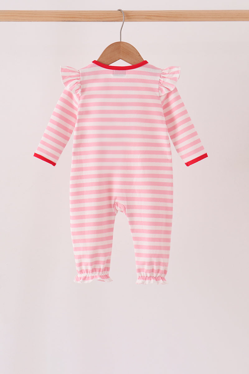 Pink gingerbread embroidery stripe ruffle romper