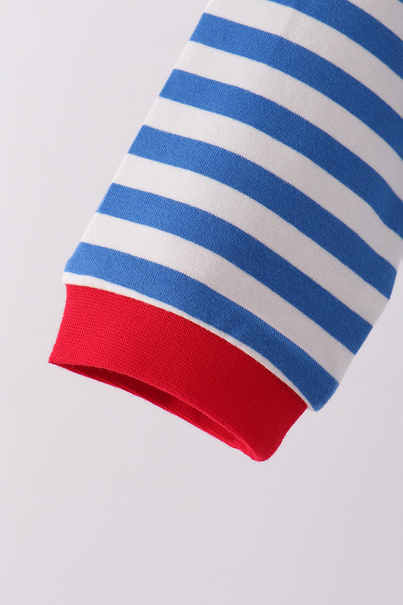 Blue stripe gingerbread embroidery top