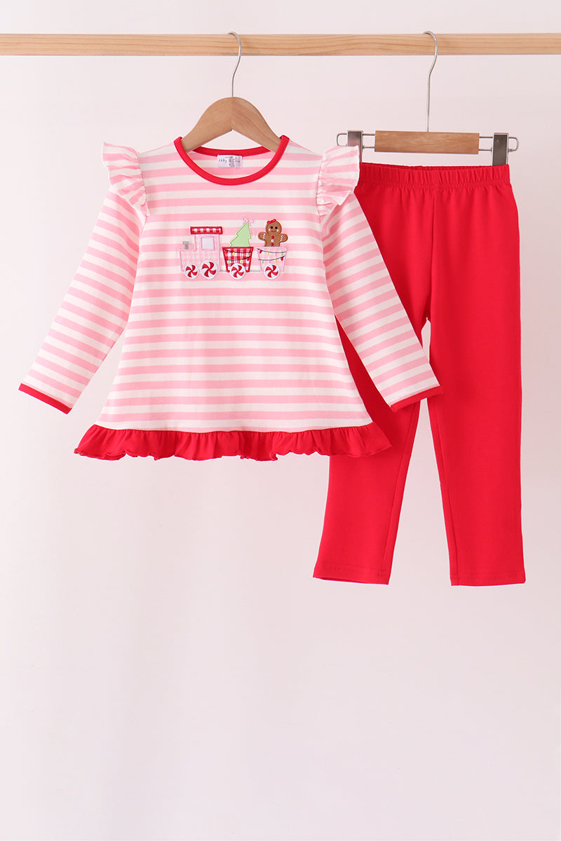 Pink stripe gingerbread embroidery ruffle pants set
