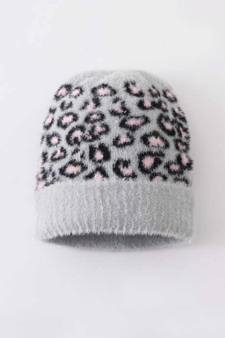Grey leopard beanie hat toddler adult