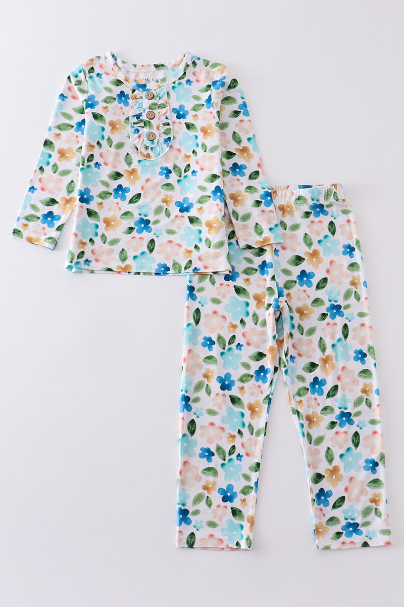 Blue floral print bamboo pajamas set – Honeydewusa