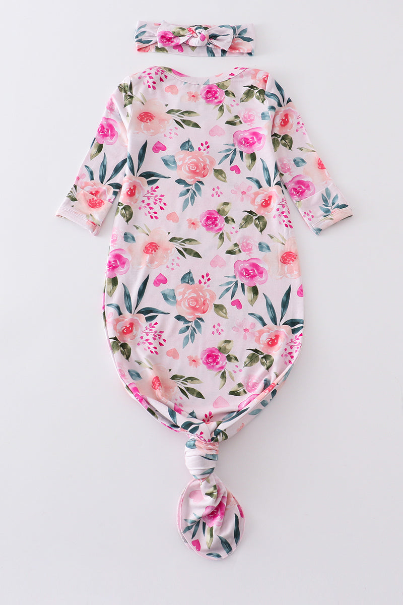 Pink floral print bamboo baby gown