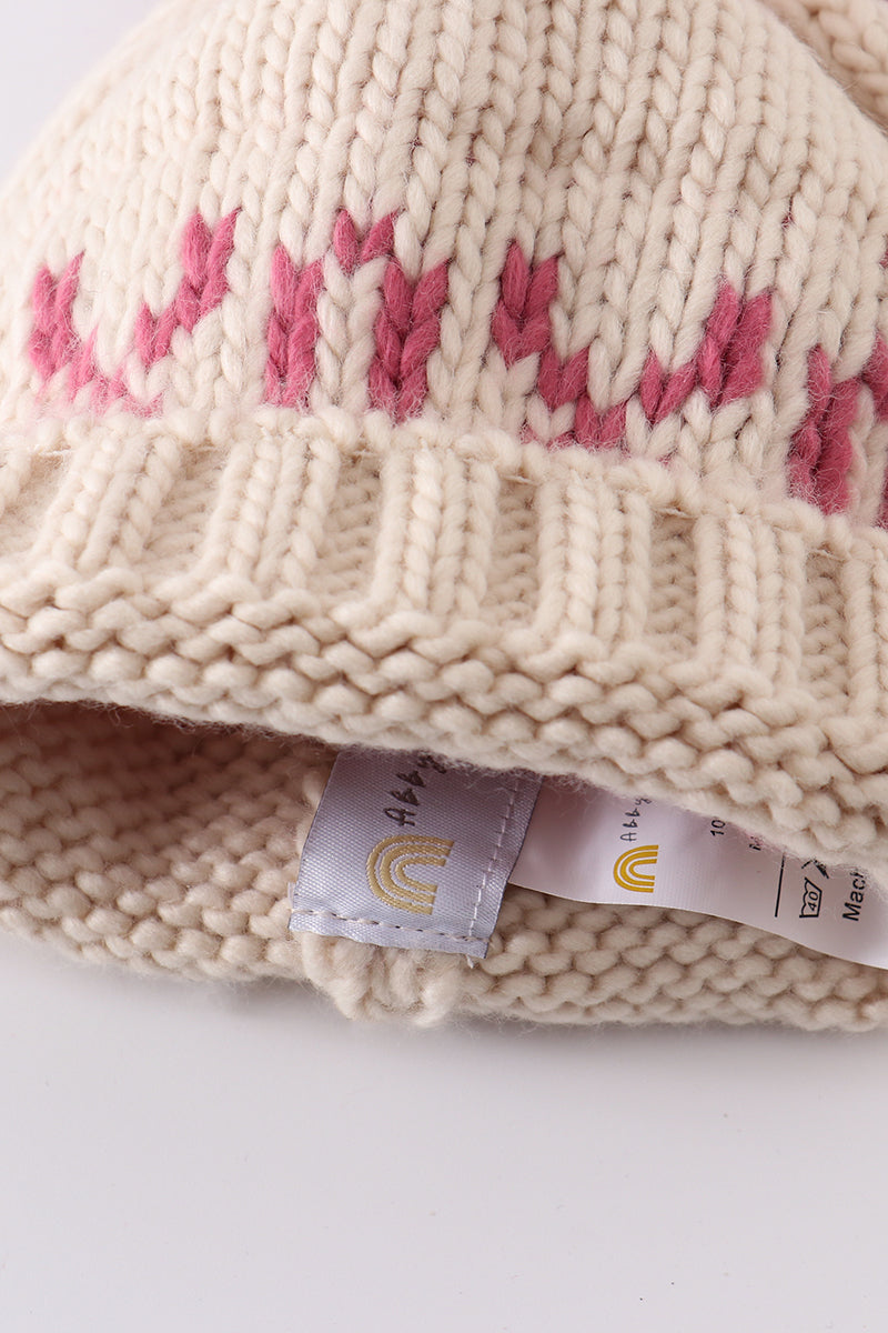 Cream heart knit beanie pom pom hat – HoneyBean