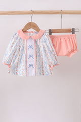 Pink floral bow embroidery bloomer set