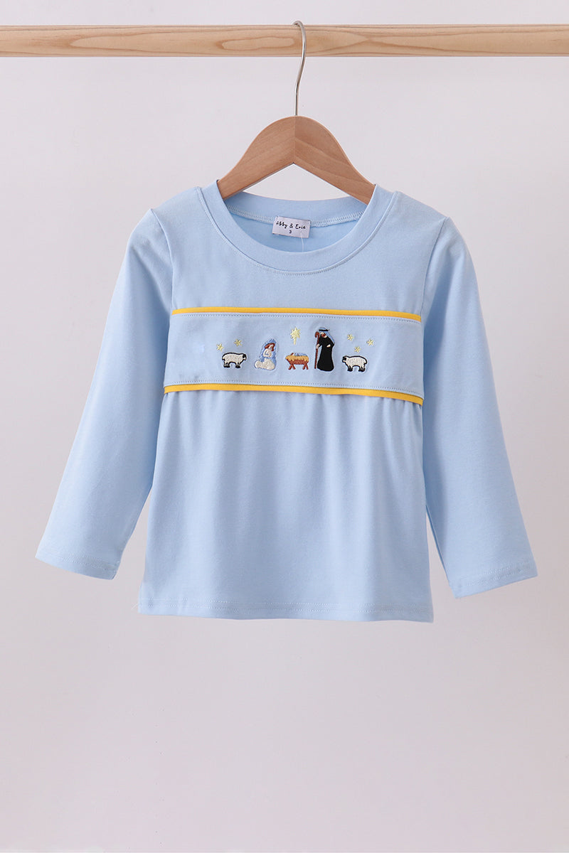 Blue nativity embroidery top