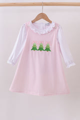 Pink christmas tree embroidery ruffle dress