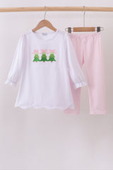 Pink christmas tree embroidery pants set