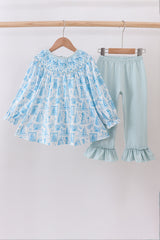 Blue snowman christmas tree smocked ruffle pants set