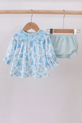 Blue snowman christmas tree smocked bloomer set