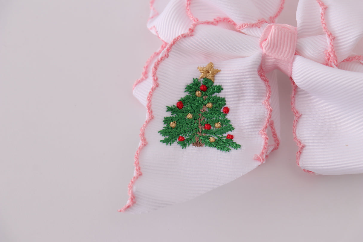 Christmas tree embroidery hair bow