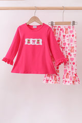 Pink bear embroidery ruffle pants set