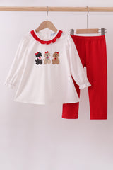 White puppy embroidery ruffle pants set