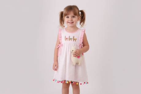 Pink alpaca embroidery ruffle dress
