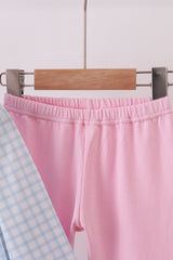 Blue heart embroidery gingham pants set