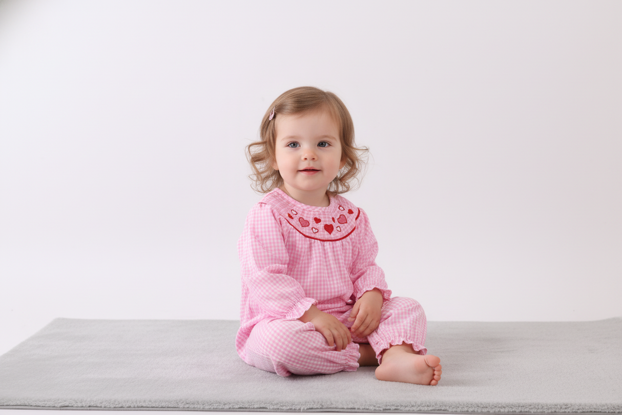 Pink heart smocked gingham romper