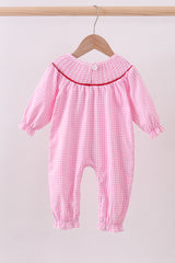 Pink heart smocked gingham romper