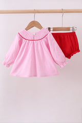 Pink heart smocked gingham bloomer set