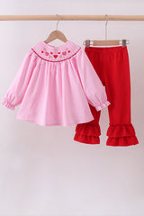 Pink heart smocked gingham ruffle pants set
