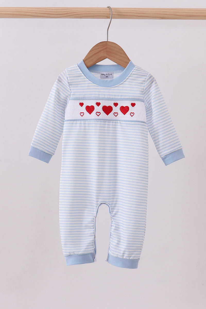 Blue heart smocked stripe romper