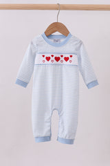 Blue heart smocked stripe romper