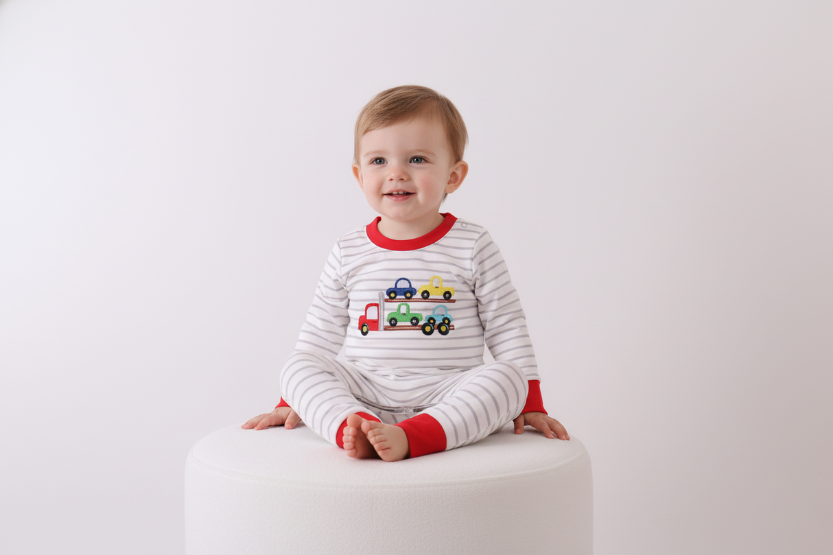 Red car embroidery stripe romper