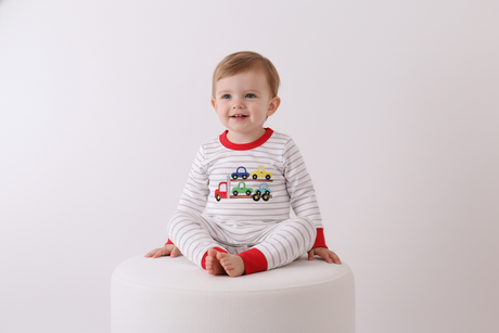 Red car embroidery stripe romper