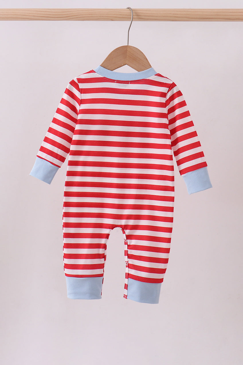 Red stripe construction embroidery romper
