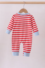 Red stripe construction embroidery romper