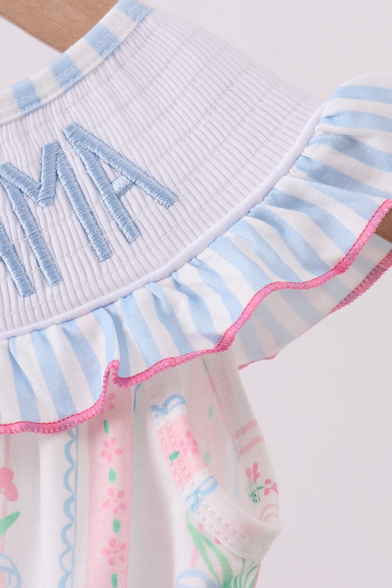 Blue floral I love MAMA smocked ruffle bubble