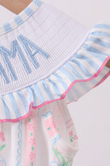 Blue floral I love MAMA smocked ruffle bubble