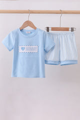 Blue I love MAMA smocked shorts set