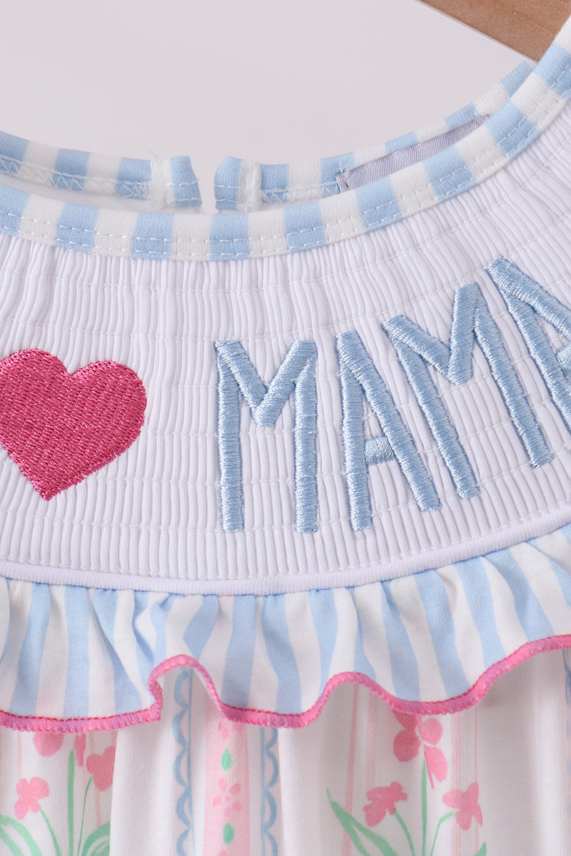 Blue floral I love MAMA smocked ruffle dress
