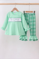 Green parade embroidery ruffle gingham pants set