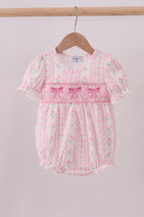 Pink floral bow smocked bubble