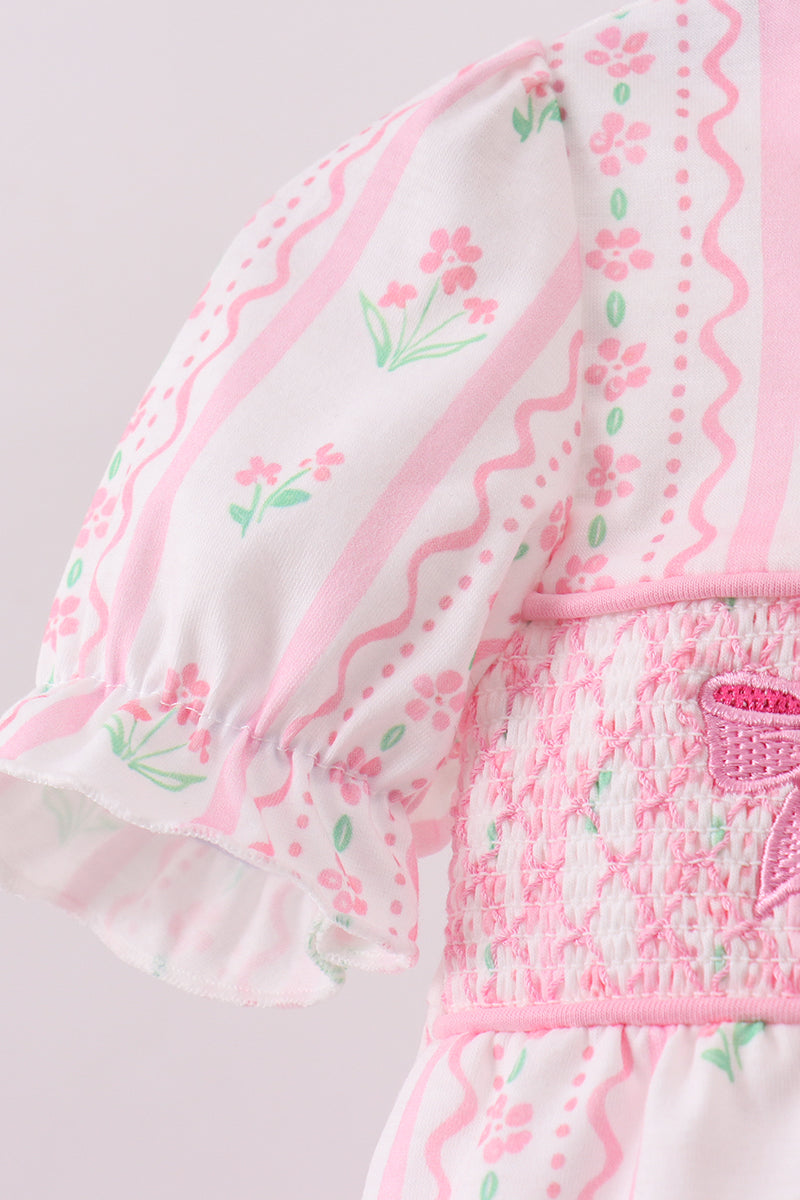 Pink floral bow smocked bubble