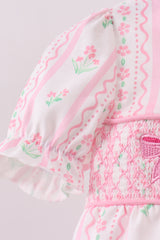 Pink floral bow smocked bubble