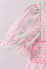 Pink floral bow smocked ruffle pants set