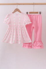 Pink floral bow smocked ruffle pants set