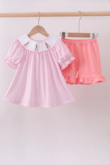 Pink bunny embroidery ruffle shorts set