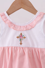 Pink cross jacquard embroidery shorts set