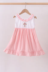 Pink cross jacquard embroidery ruffle dress