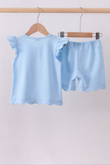 Blue bunny applique ruffle shorts set