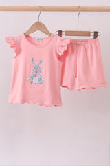 Pink bunny applique ruffle shorts set