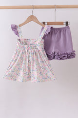 Purple floral smocked ruffle shorts set